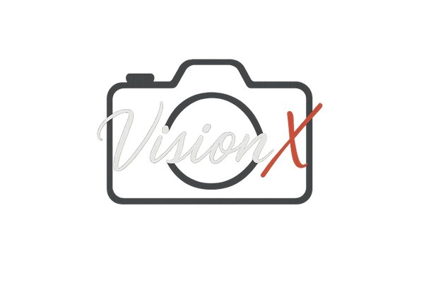 fait moi un logo VisionX, X en rouge et vision en blanc avec une camera en blanc derriere avec une ecriture type signature / italique